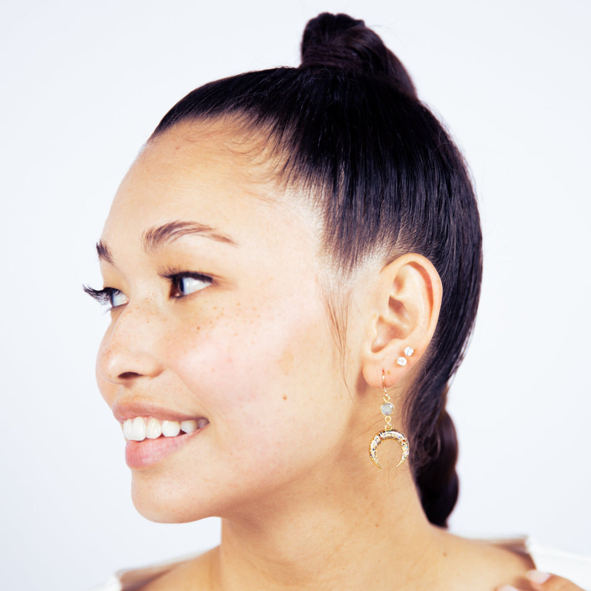 Gold Moon with Rainbow Zirconia Dangle Earring