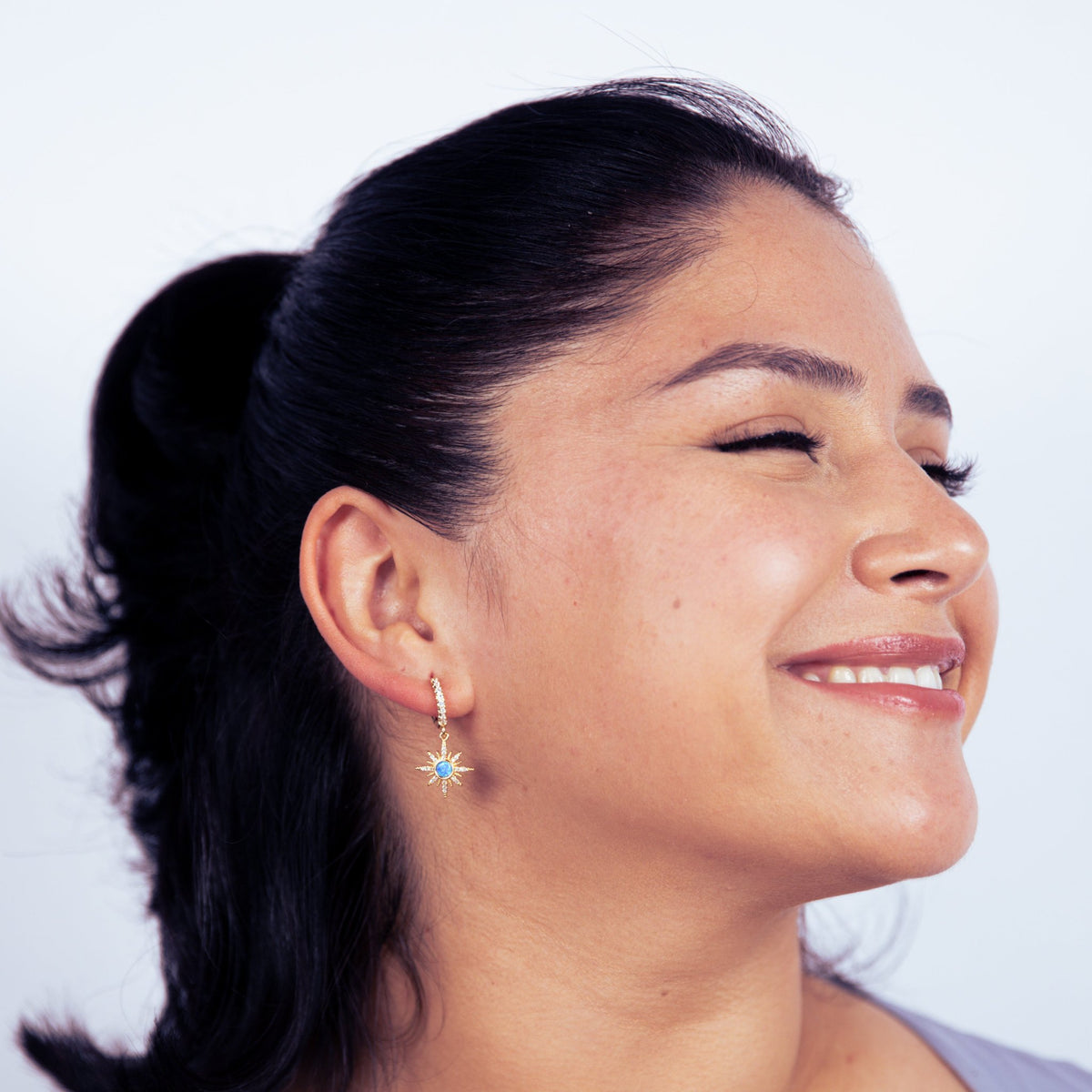 Blue Opal Sun Gold Cubic Huggie