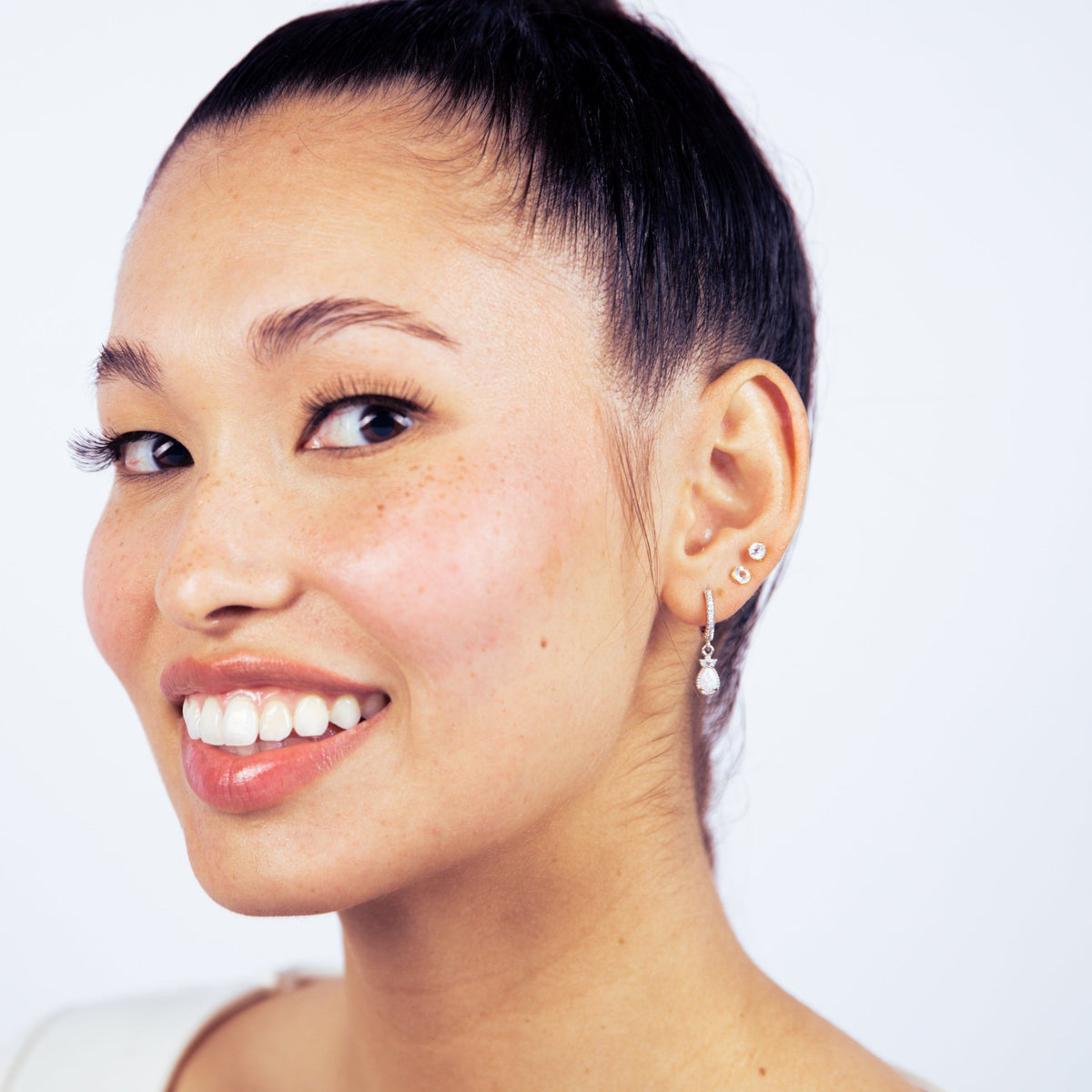 White Opal Silver Cubic Huggie