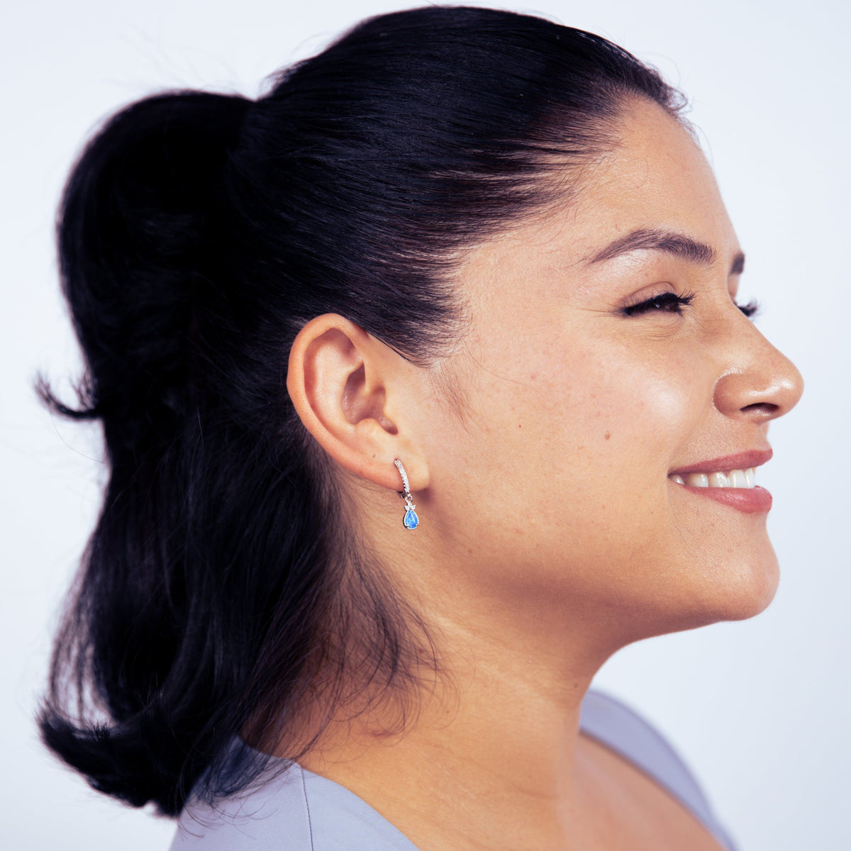 Blue Opal Silver Cubic Huggie