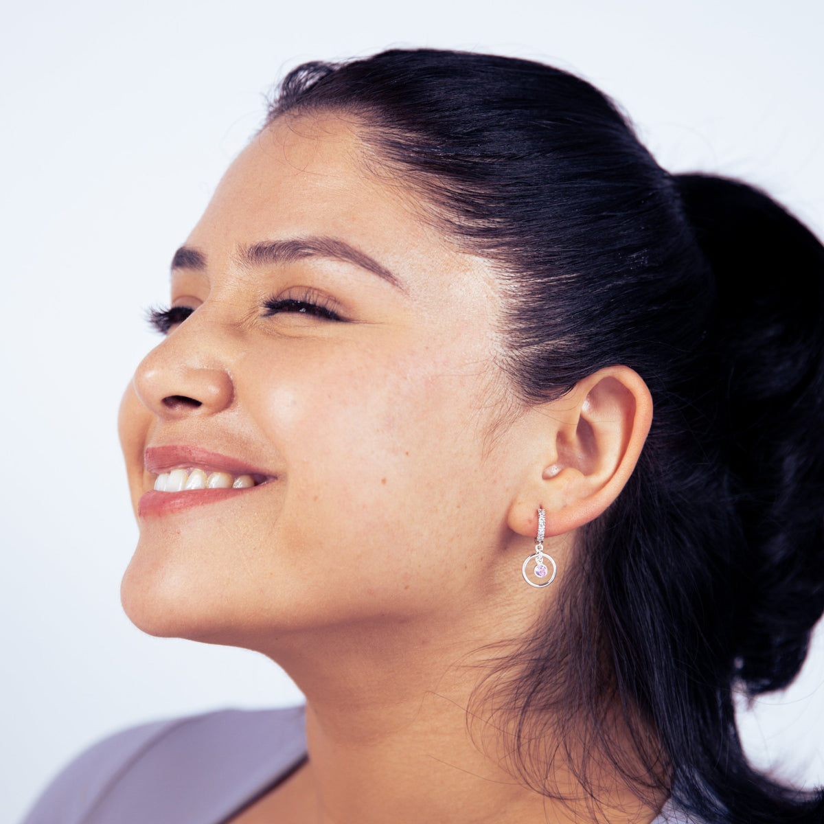 Pink Infinity Circle Silver Cubic Huggie