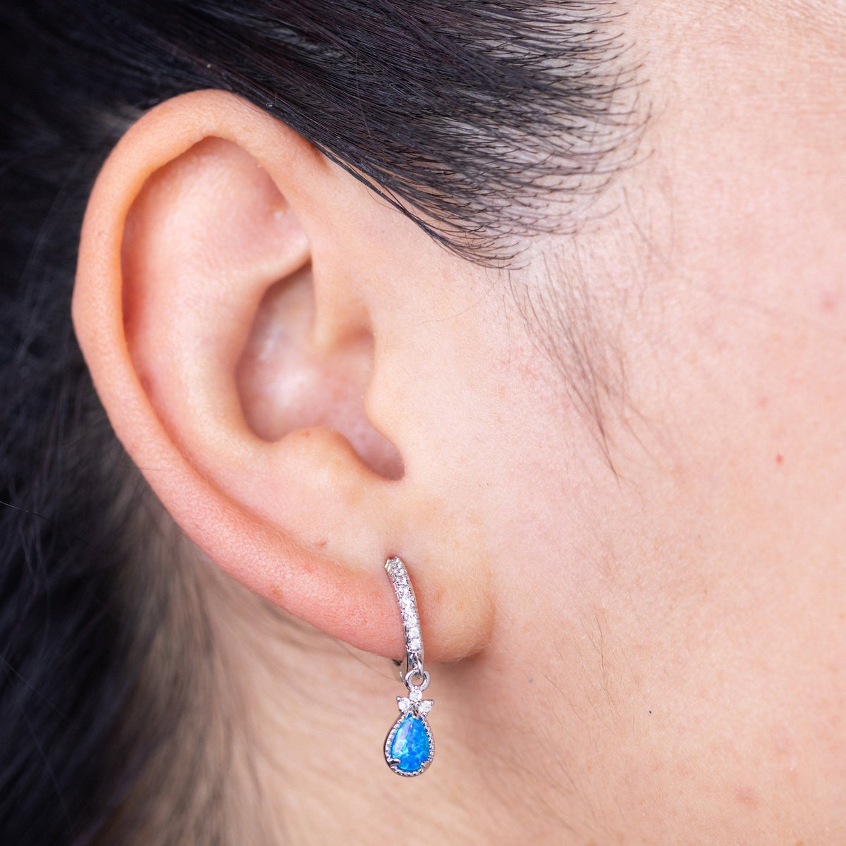 Blue Opal Silver Cubic Huggie