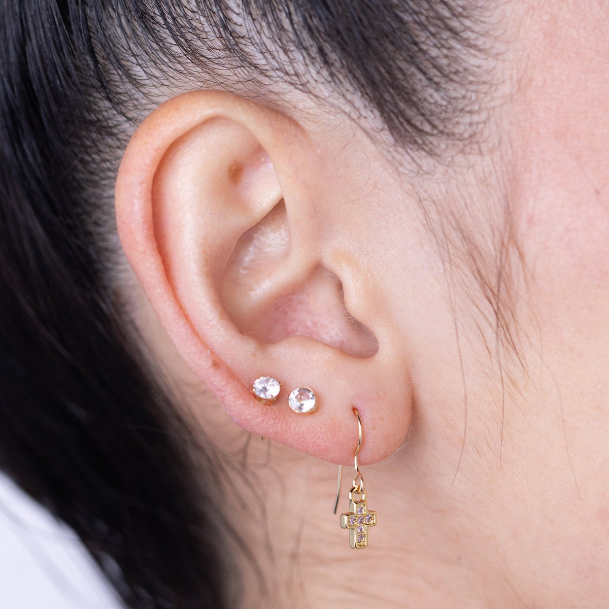 Pink Cross Gold Charm Earring