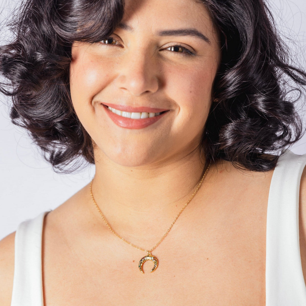 Gold Moon with Rainbow Zirconia Charm Necklace