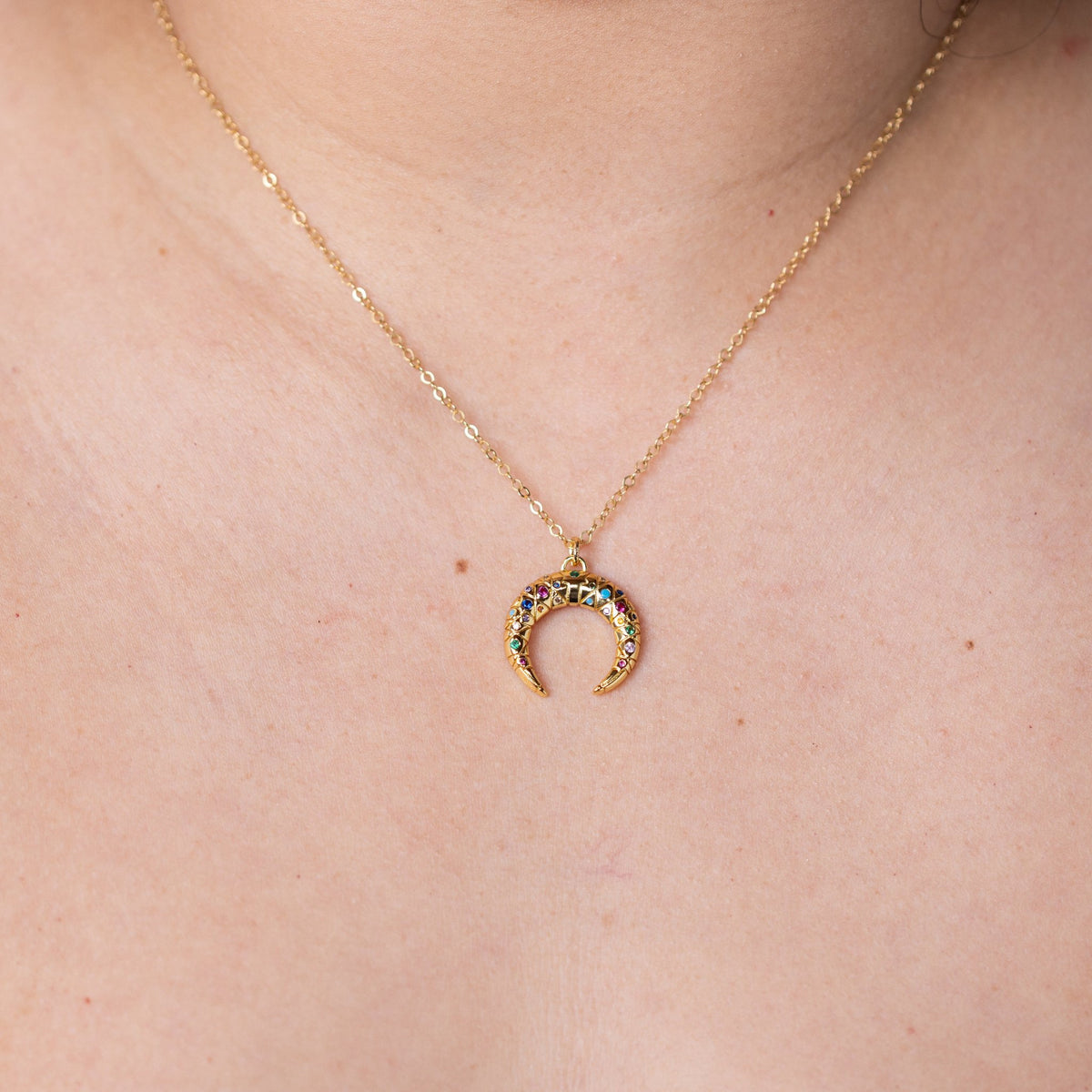 Gold Moon with Rainbow Zirconia Charm Necklace