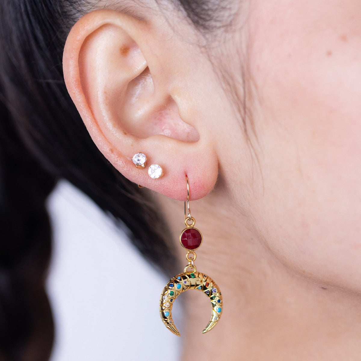 Gold Moon with Rainbow Zirconia Dangle Earring