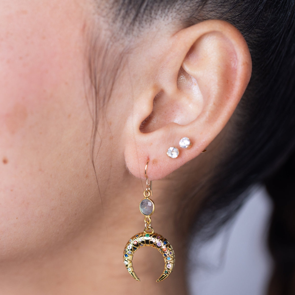 Gold Moon with Rainbow Zirconia Dangle Earring
