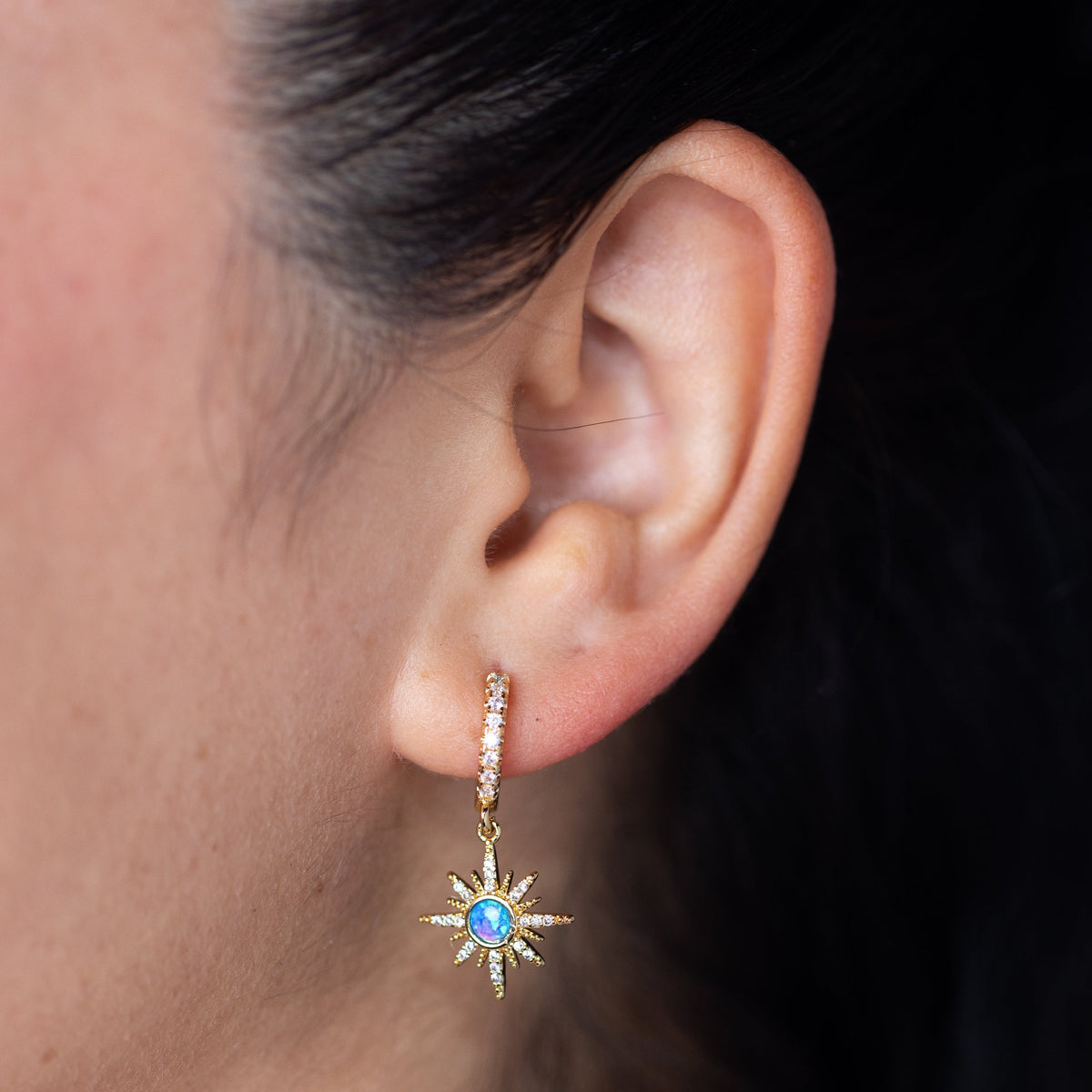 Blue Opal Sun Gold Cubic Huggie