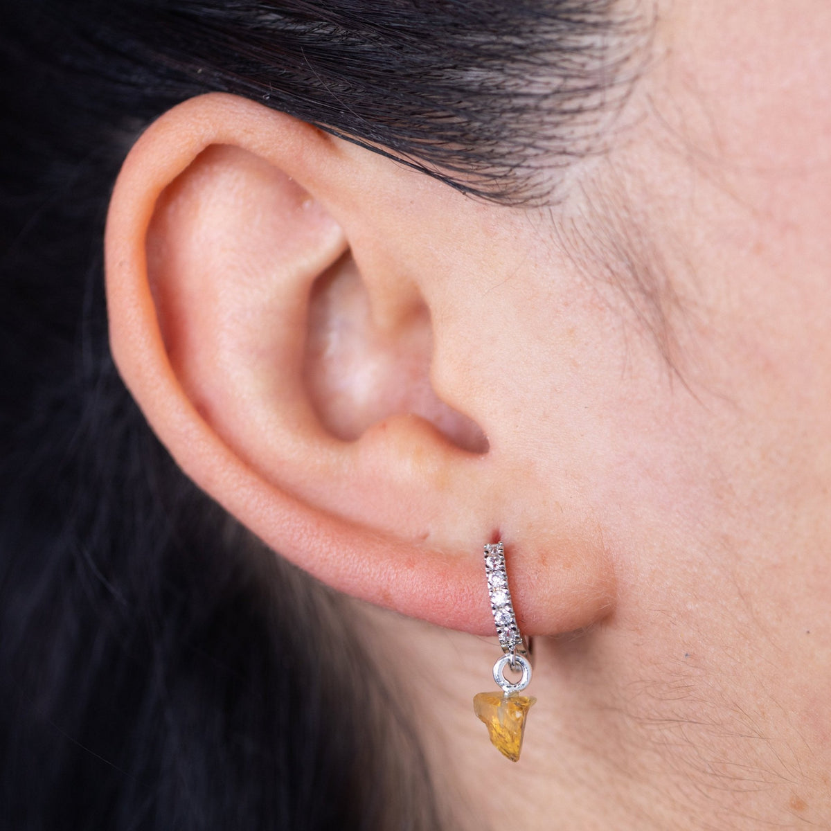Citrine Nugget Silver Cubic Huggie