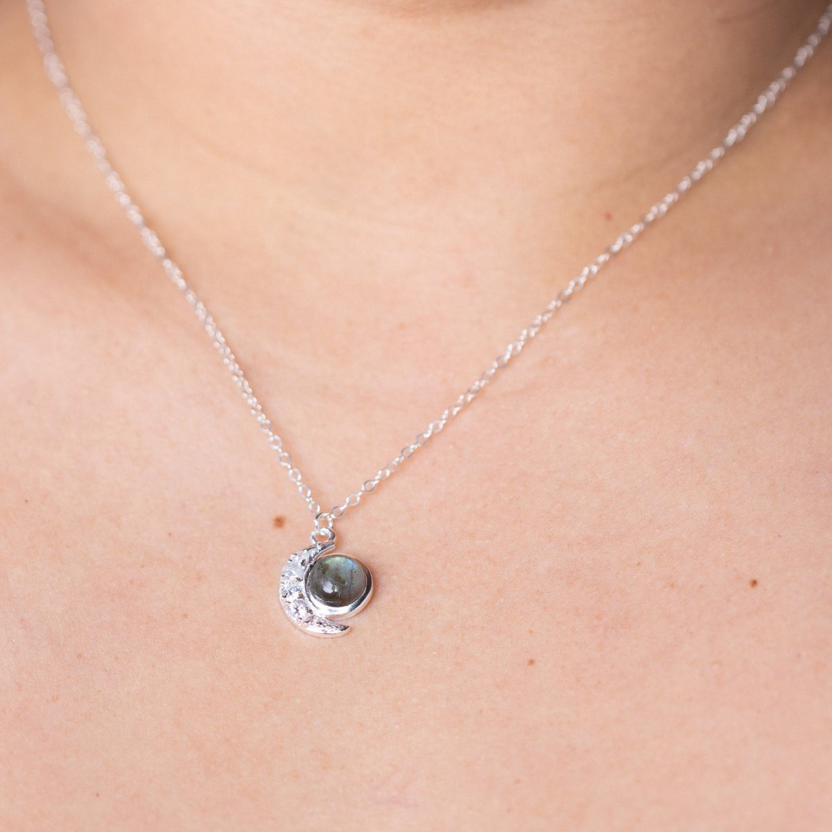 Labradorite Gem Silver Moon Necklace