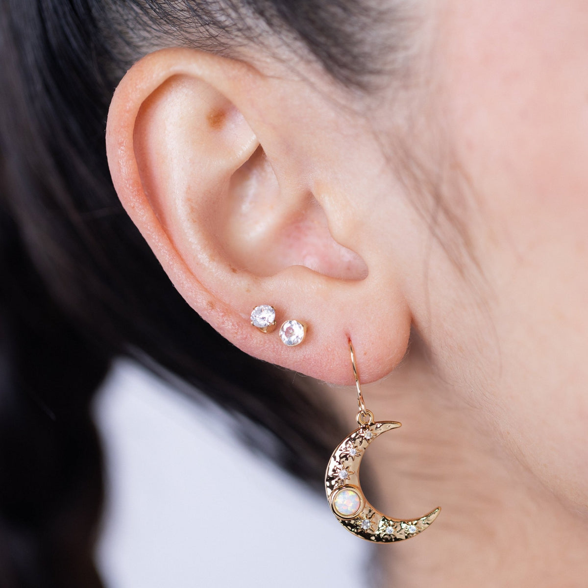Opal Moon Gold Charm Earring