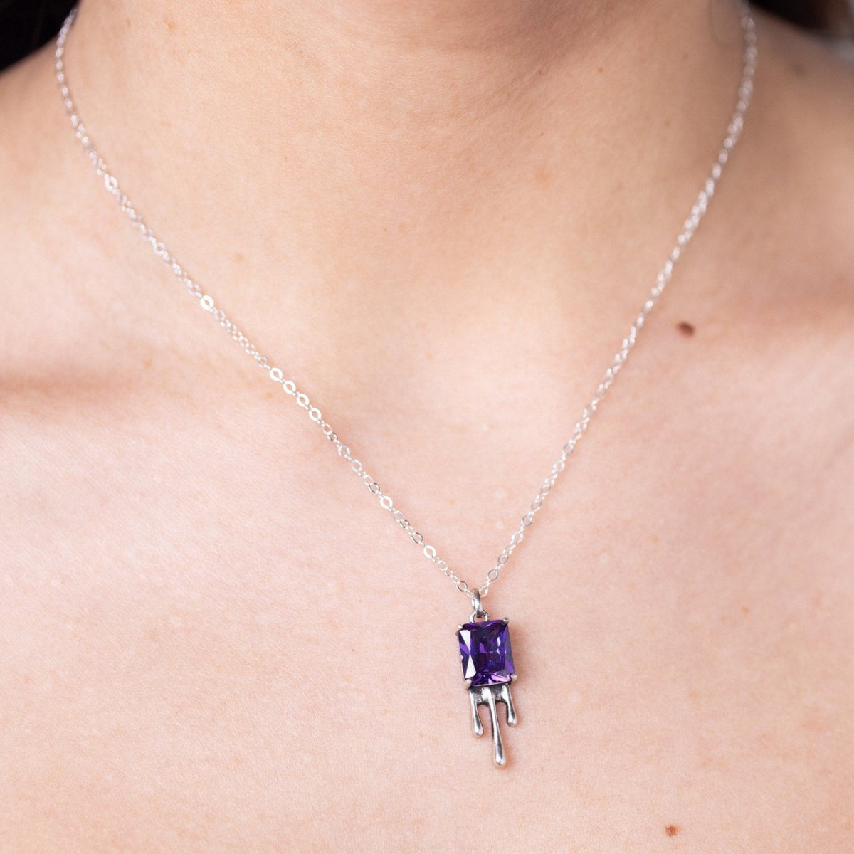 Purple Drip Silver Charm Necklace