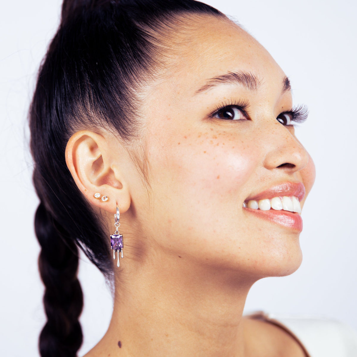 Purple Drip Silver Huggie