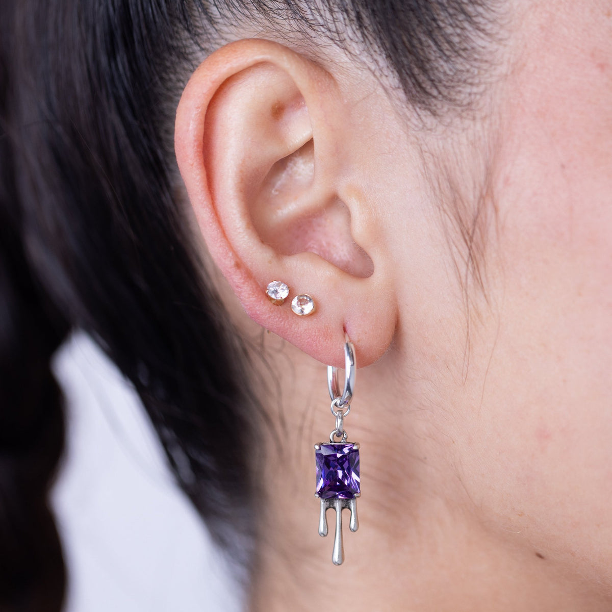 Purple Drip Silver Huggie
