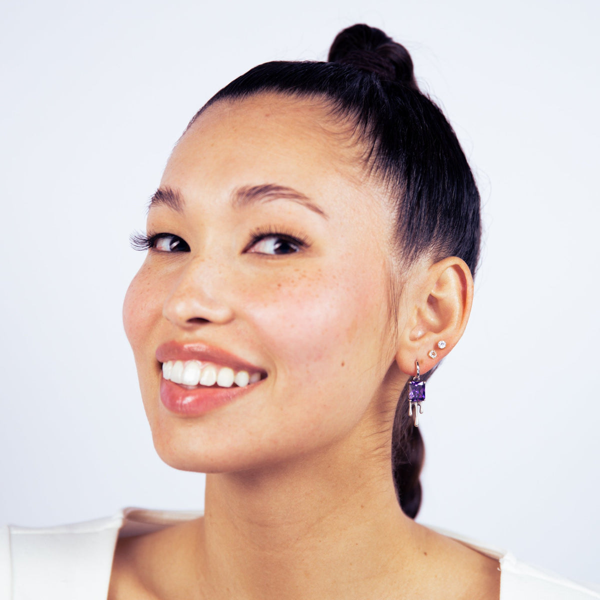 Purple Drip Silver Huggie