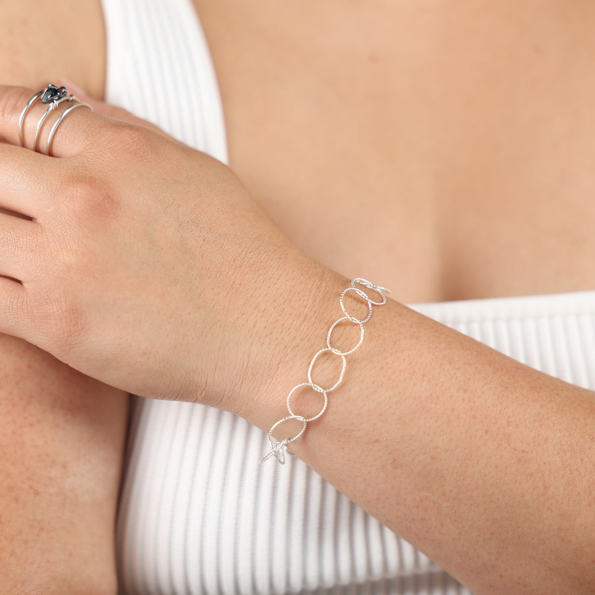 Statement Hammered Circle Chain Silver Bracelet