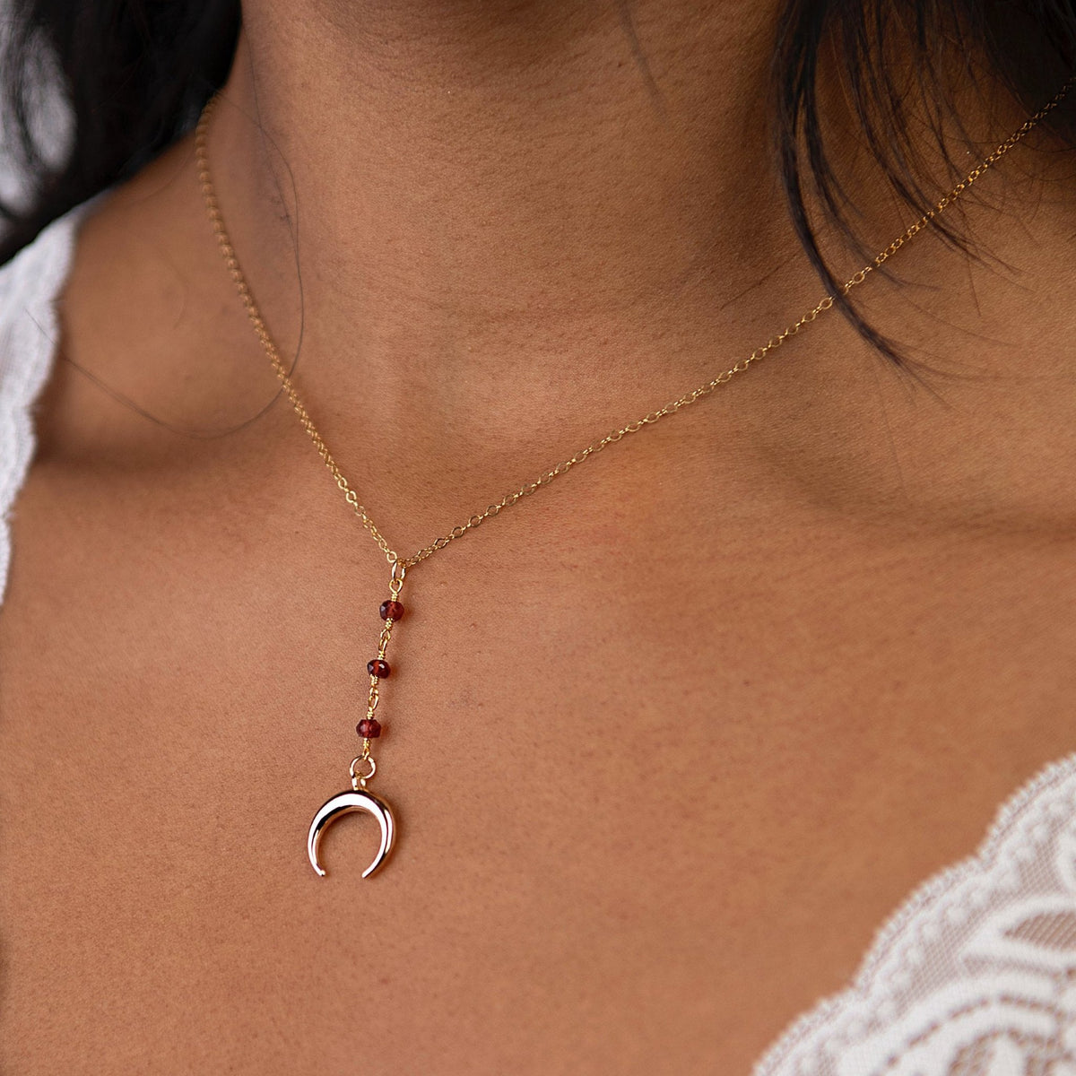 Crescent Horn Garnet Lariat Necklace